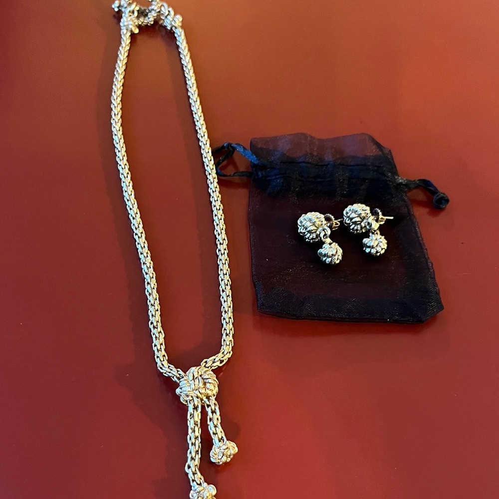 Gold Tone Rope Knot Necklace and Drop Earrings Set